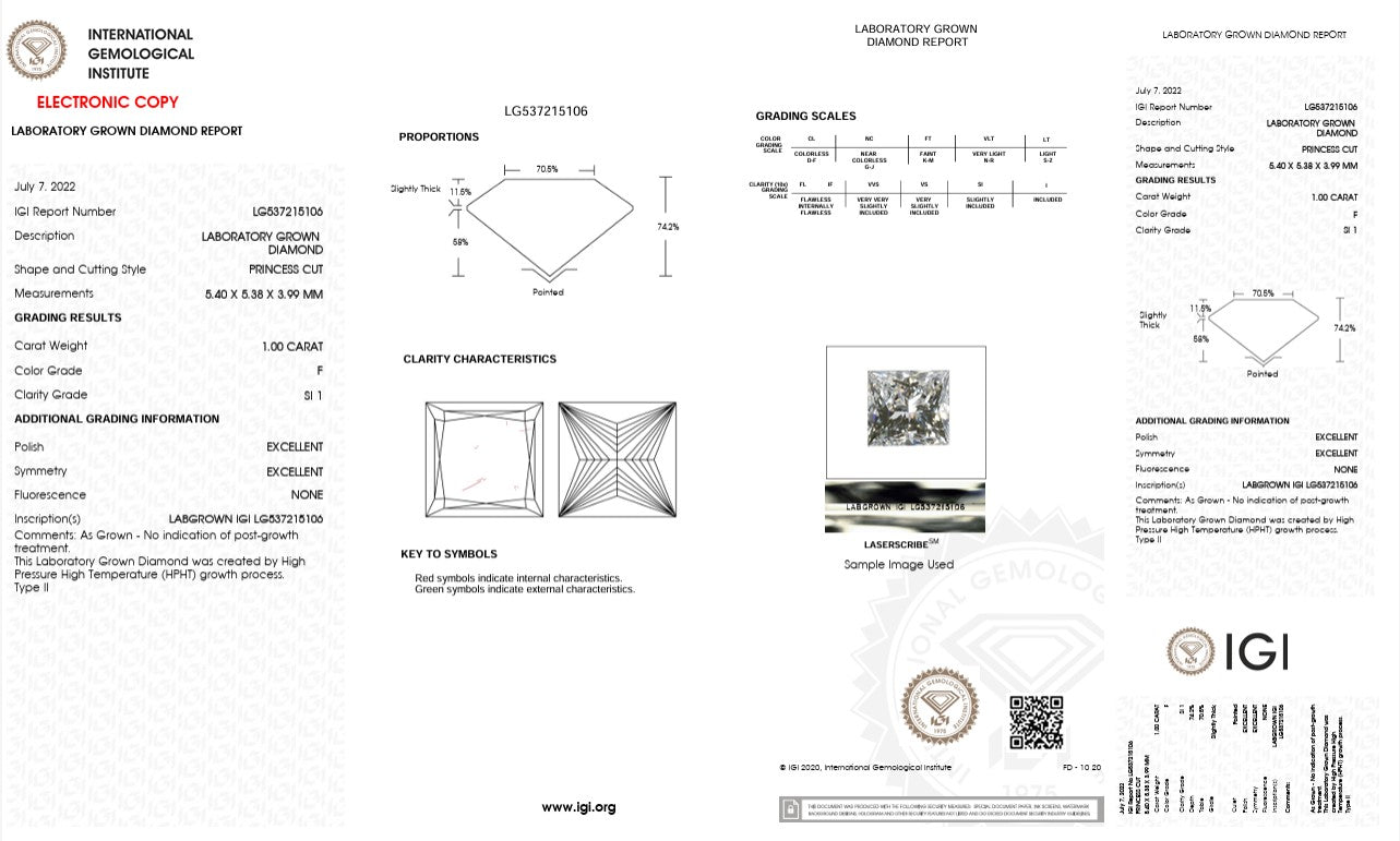 1CT SI1 F 537215106 Princess Cut Lab Grown Diamond