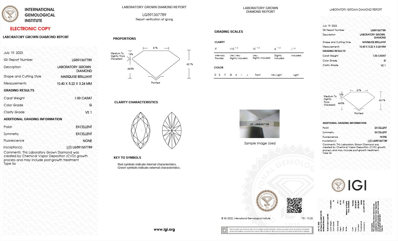 1.0CT VS1 G 591367789 Marquise Cut Lab Grown Diamond