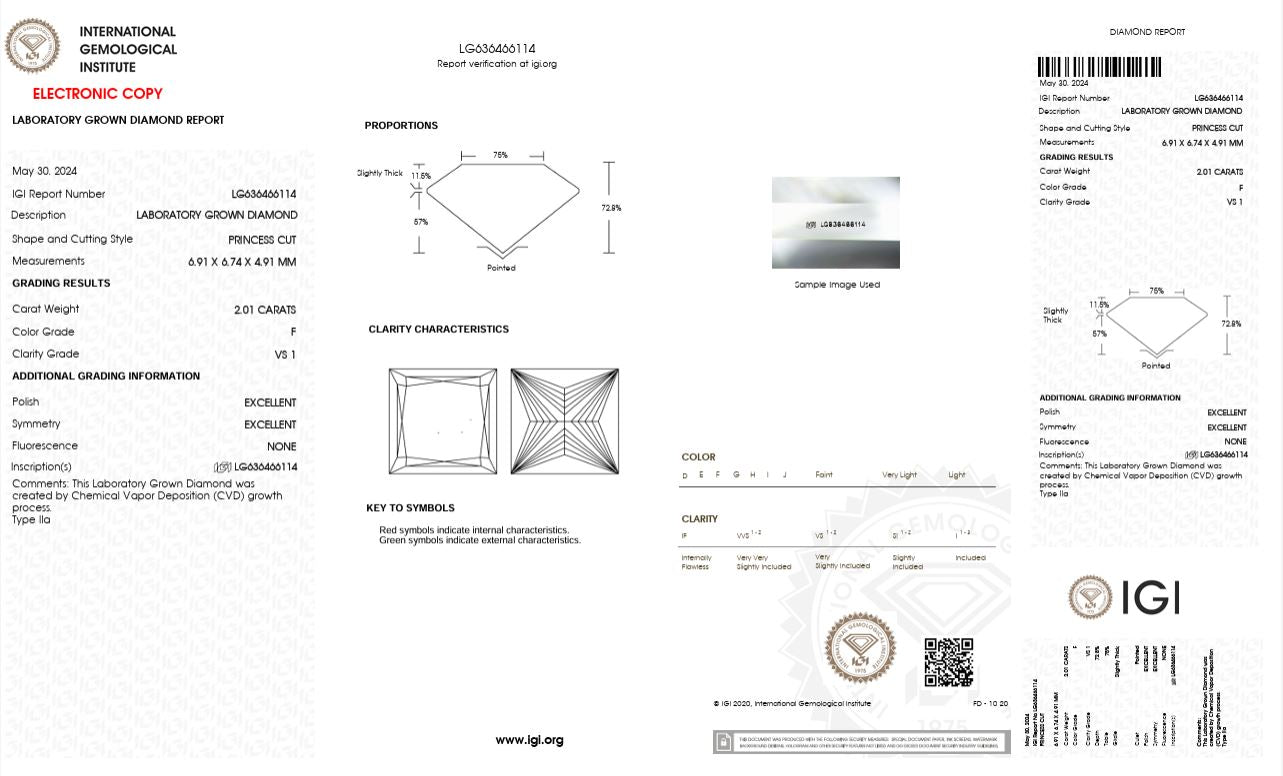 2.01CT VS1 F 636466114 Princess Cut Lab Grown Diamond