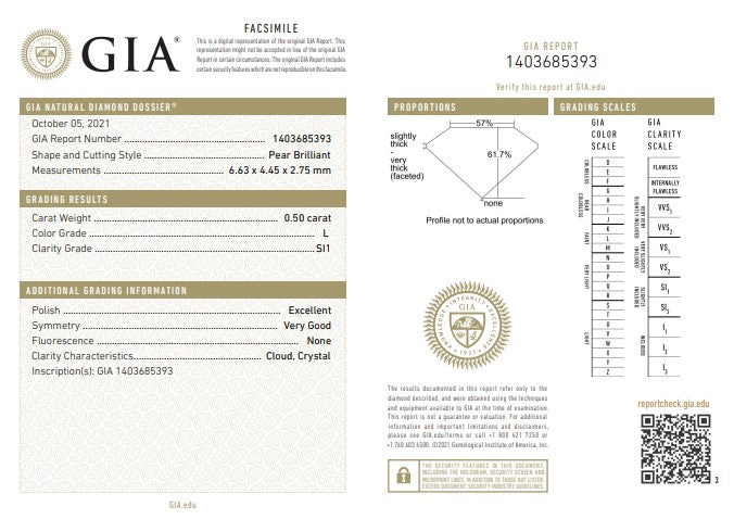 0.50CT SI1 L 1403685393 Pear Cut Natural Diamond