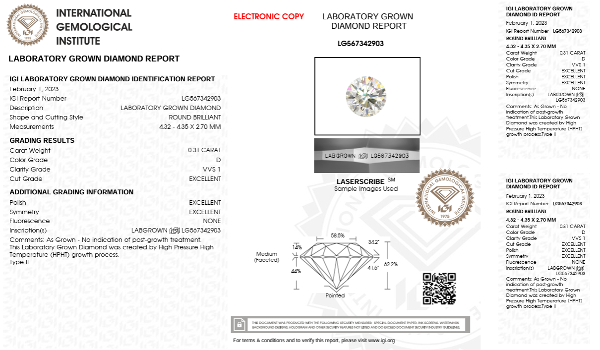 0.31CT VVS1 D 567342903 Round Cut Lab Grown Diamond