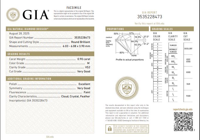 0.90CT VS2 M 3535228473 Round Cut Natural Diamond