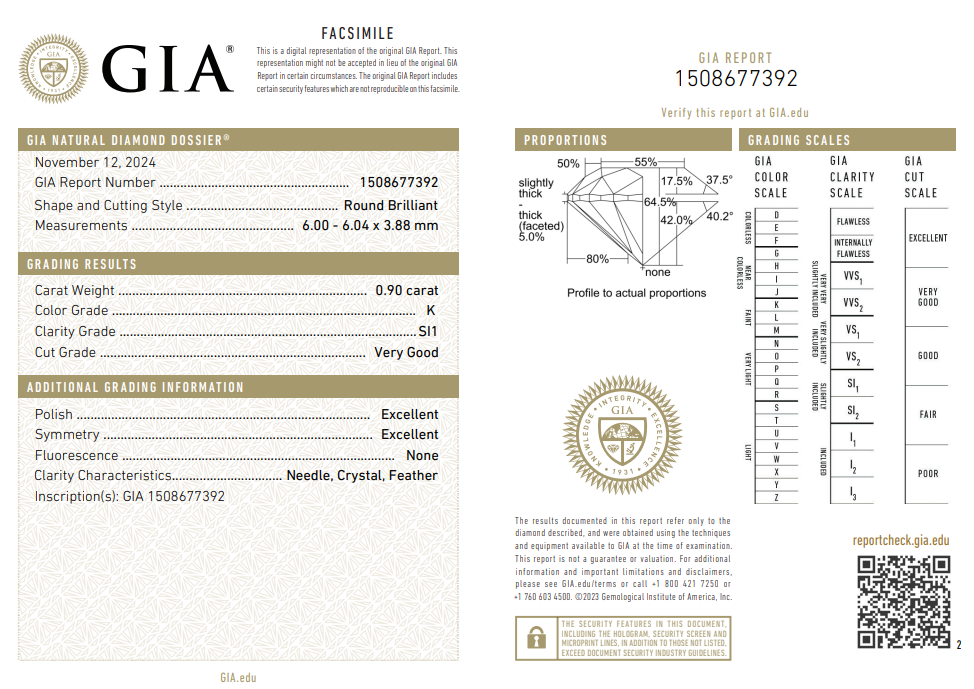 0.90CT SI1 K 1508677392 Round Cut Natural Diamond