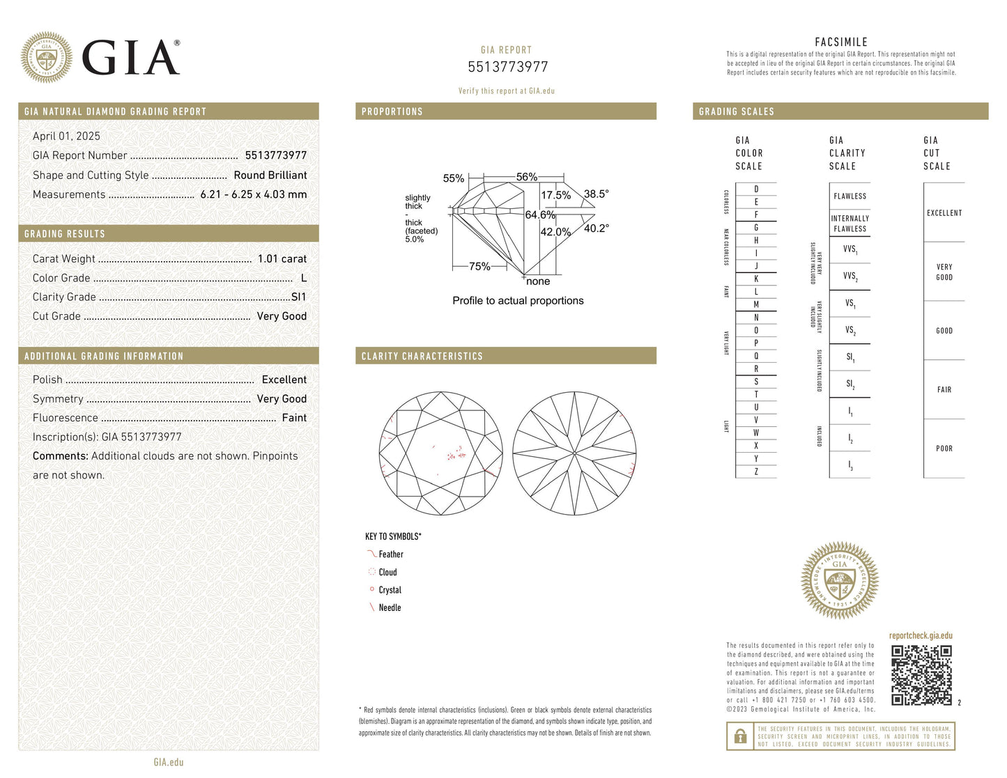 1.01CT SI1 L 5513773977 Round Cut Natural Diamond