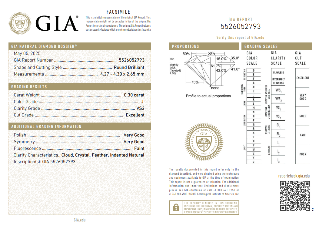 0.30CT VS2 J 5526052793 Round Cut Natural Diamond