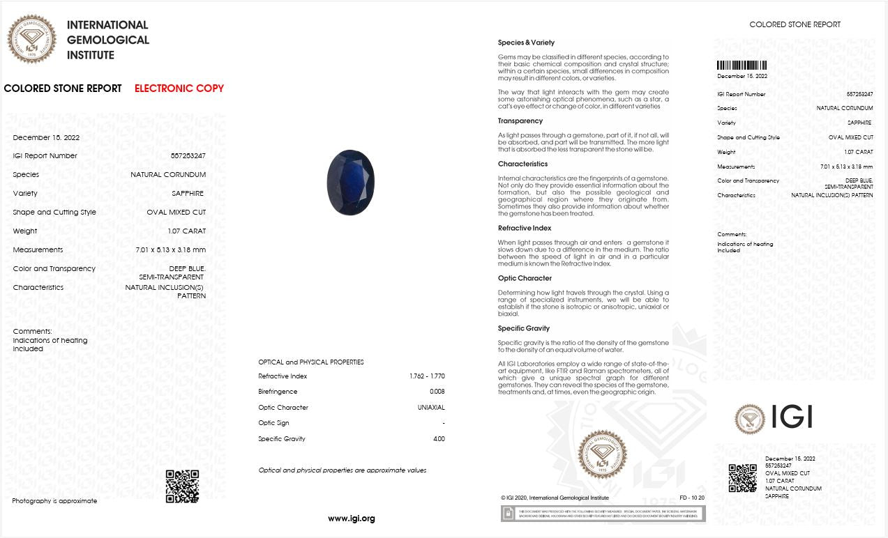 1.07CT 557253247 Oval Cut Blue Sapphire Natural Gemstone