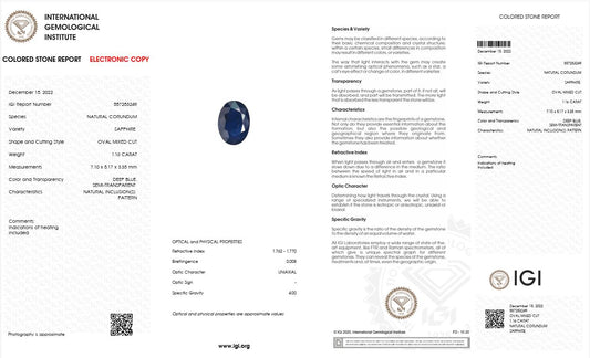 1.16CT 557253249 Oval Cut Blue Sapphire Natural Gemstone