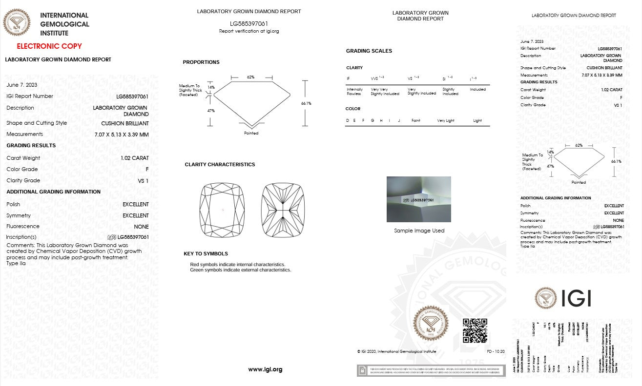 1.02CT VS1 F 585397061 Cushion Long Cut Lab Grown Diamond