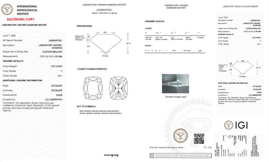 1.02CT VS1 F 585397061 Cushion Long Cut Lab Grown Diamond