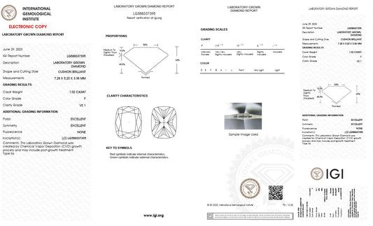 1.02CT VS1 F 588337395 Cushion Long Cut Lab Grown Diamond