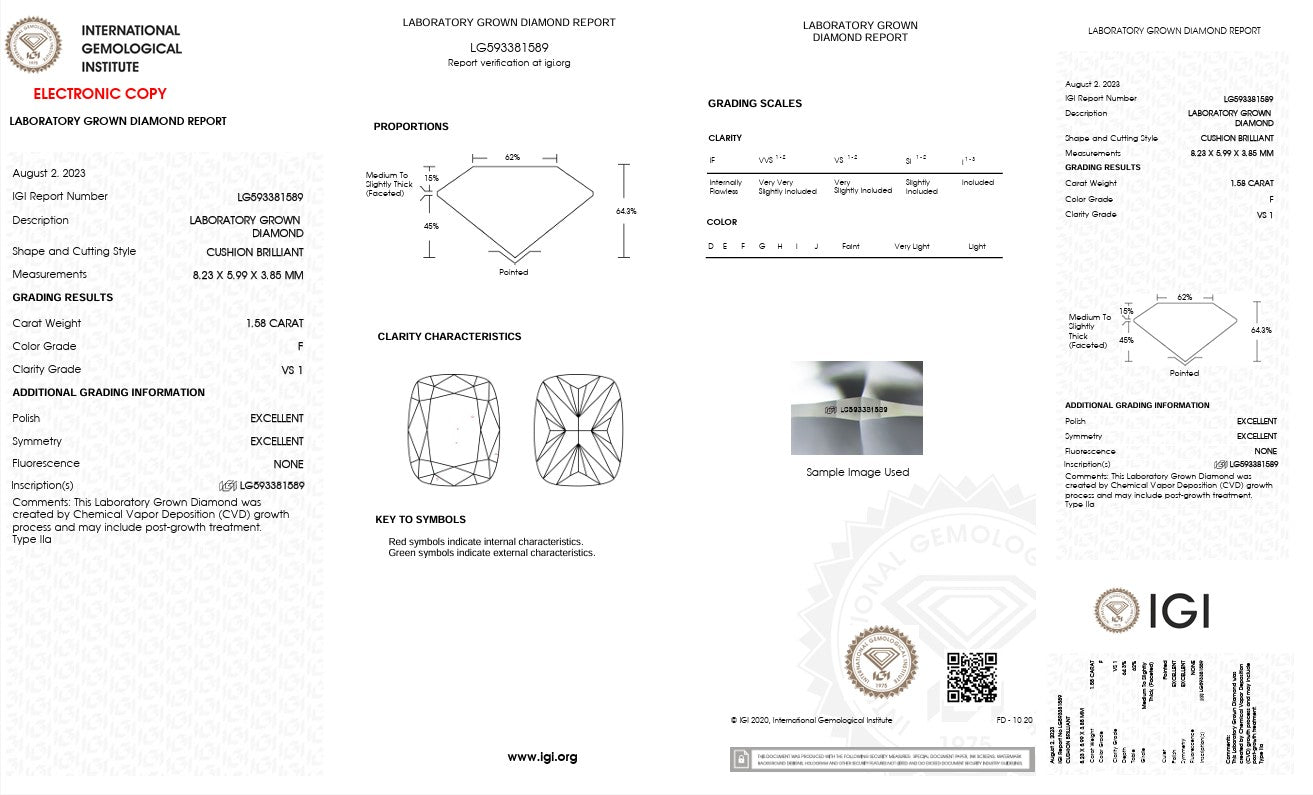 1.58CT VS1 F 593381589 Cushion Long Cut Lab Grown Diamond