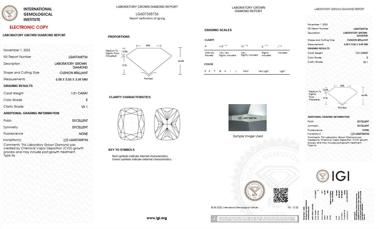 1.01CT VS1 E 607365736 Cushion Long Cut Lab Grown Diamond