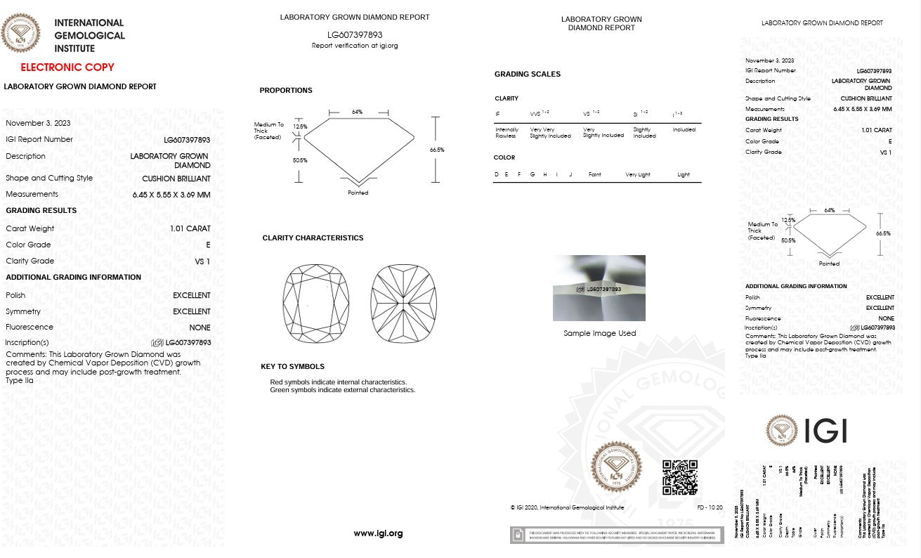 1.01CT VS1 E 607397893 Cushion Long Cut Lab Grown Diamond