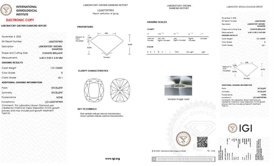 1.01CT VS1 E 607397893 Cushion Long Cut Lab Grown Diamond