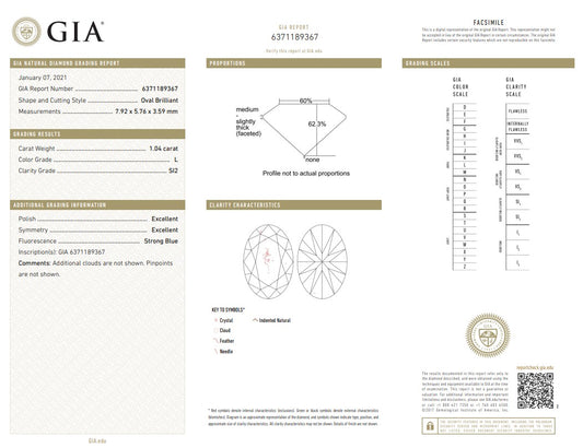 1.04CT SI2 L 6371189367 Oval Cut Natural Diamond