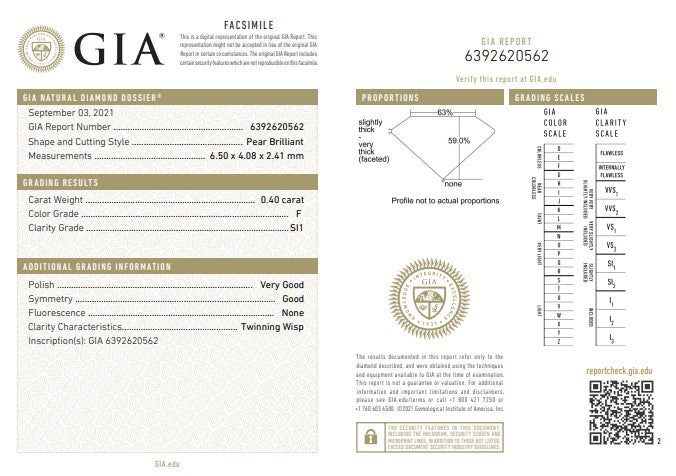 0.40CT SI1 F 6392620562 Pear Cut Natural Diamond
