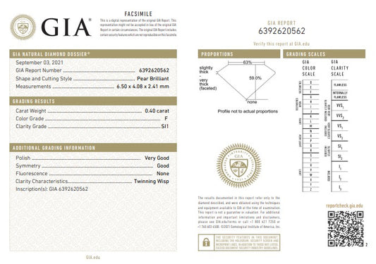 0.40CT SI1 F 6392620562 Pear Cut Natural Diamond