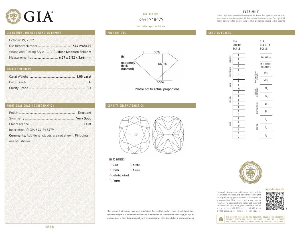 1CT SI1 H 6441948479 Cushion Cut Natural Diamond