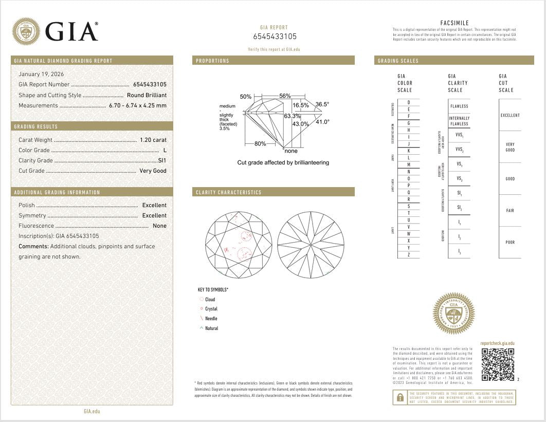 1.20CT SI1 L 6545433105 Round Cut Natural Diamond