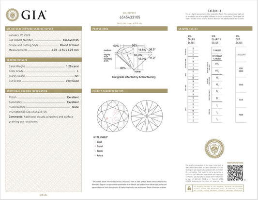 1.20CT SI1 L 6545433105 Round Cut Natural Diamond