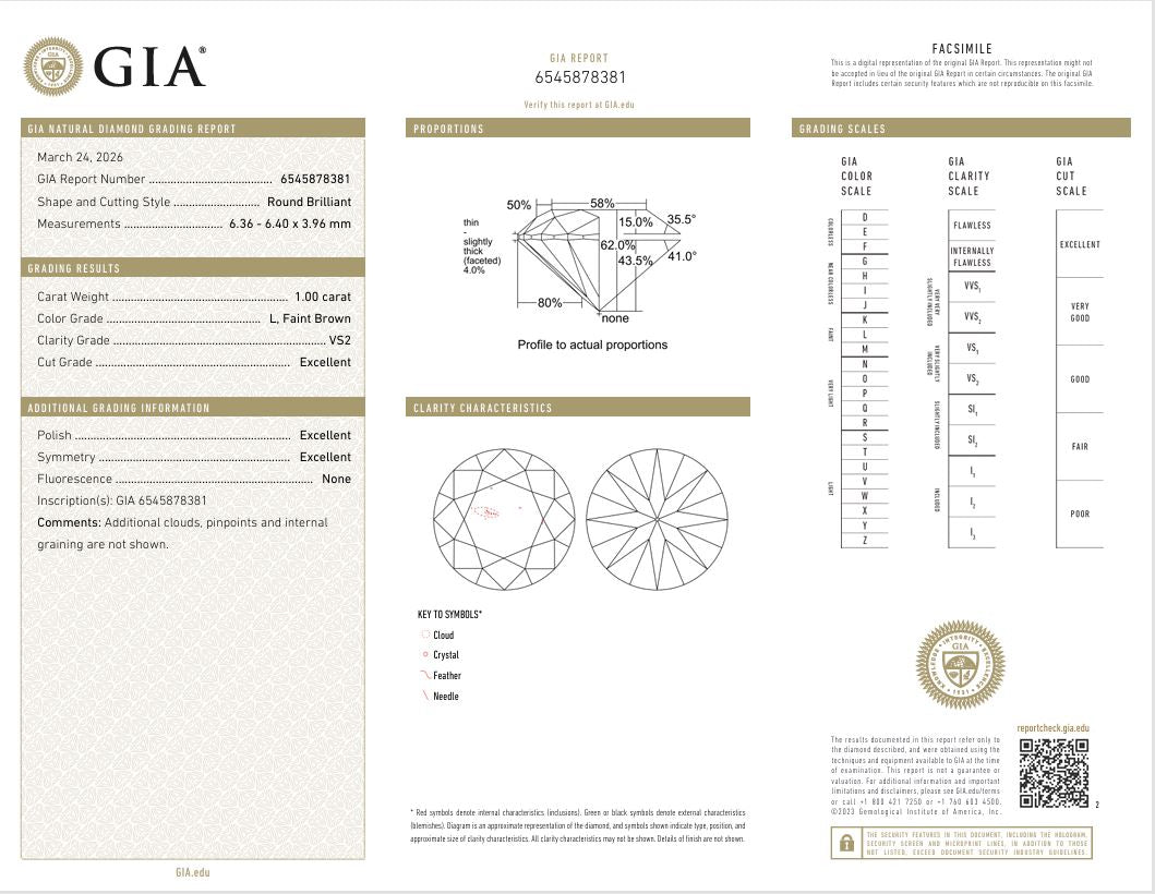 1.0CT VS2 L 6545878381 Round Cut Natural Diamond