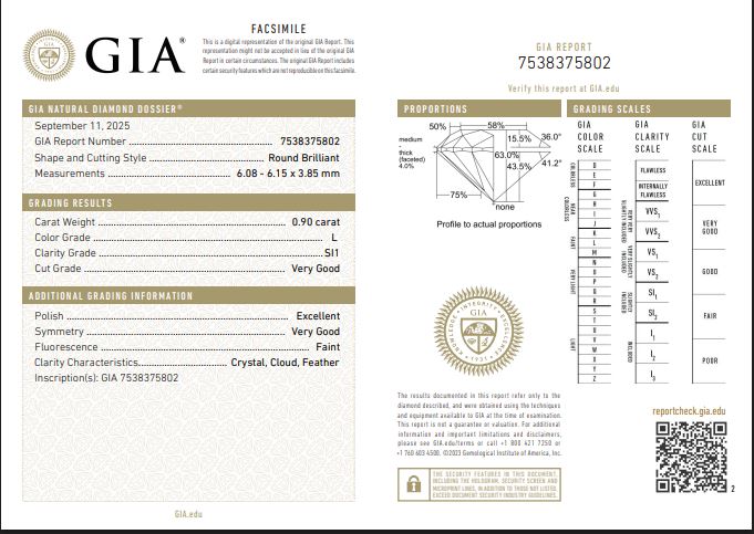 0.90CT SI1 L 7538375802 Round Cut Natural Diamond