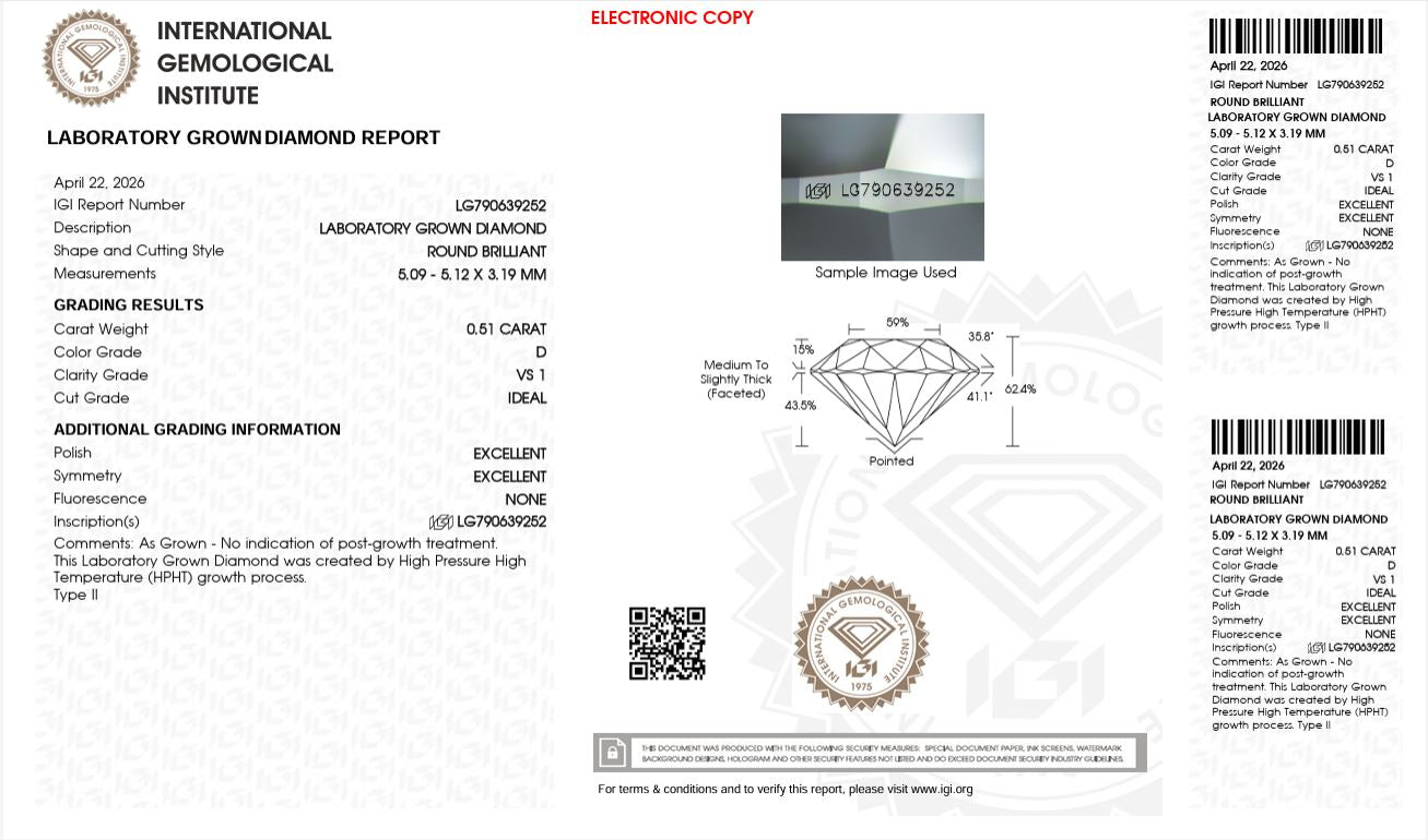 0.51CT VS1 D 790639252 Round Cut Lab Grown Diamond