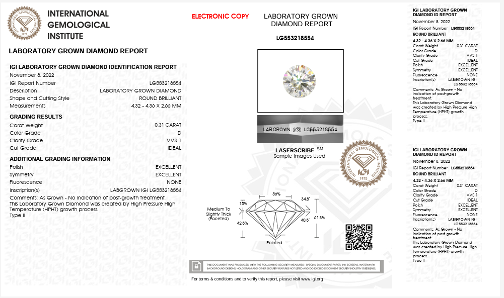0.31CT VVS1 D 553218554 Round Cut Lab Grown Diamond