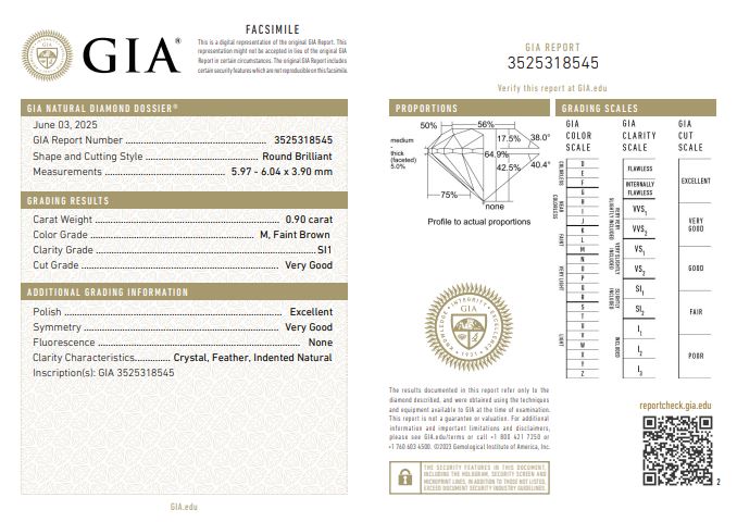 0.90CT SI1 M 3525318545 Round Cut Natural Diamond
