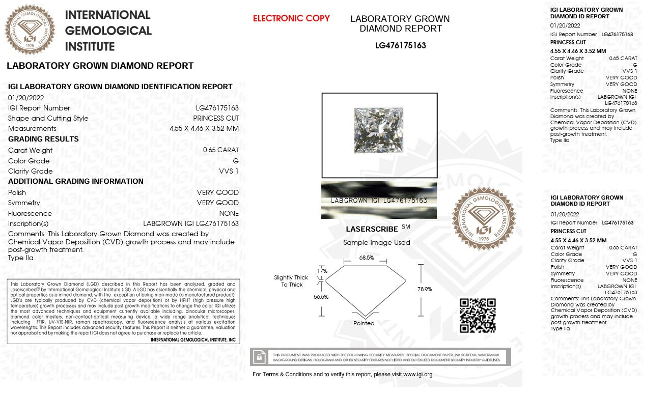 0.65CT VVS1 G 476175163 Princess Cut Lab Grown Diamond