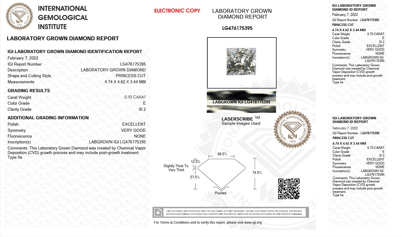 0.70CT SI2 E 476175395 Princess Cut Lab Grown Diamond