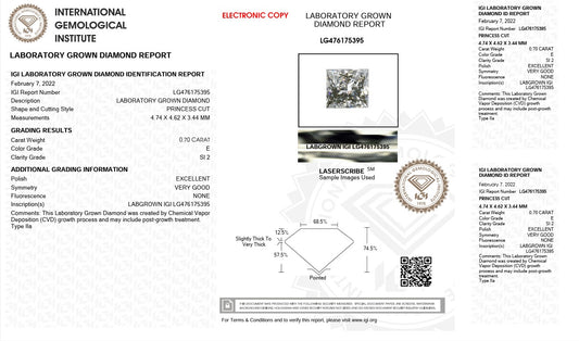 0.70CT SI2 E 476175395 Princess Cut Lab Grown Diamond