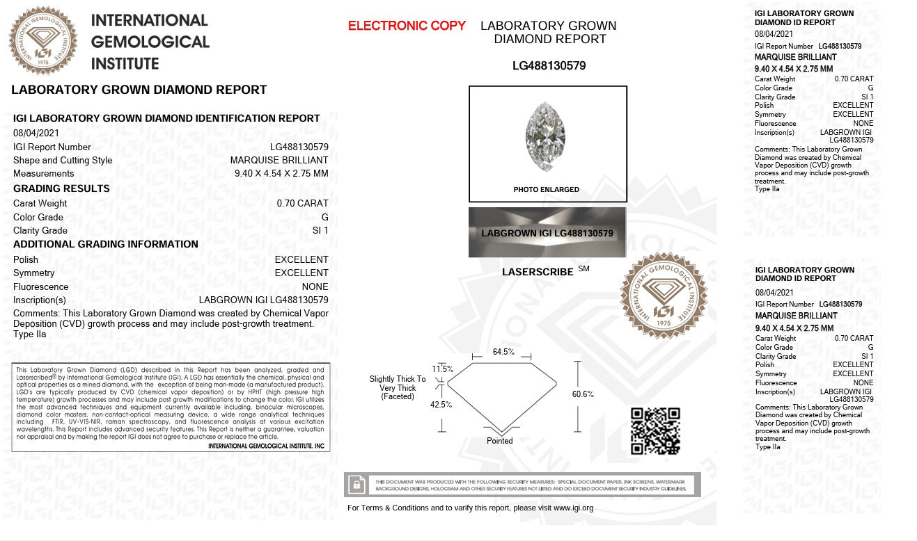 0.70CT SI1 G 488130579 Marquise Cut Lab Grown Diamond