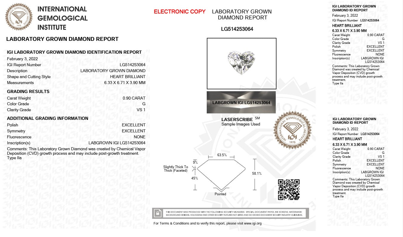 0.90CT VS1 G 514253064 Heart Cut Lab Grown Diamond