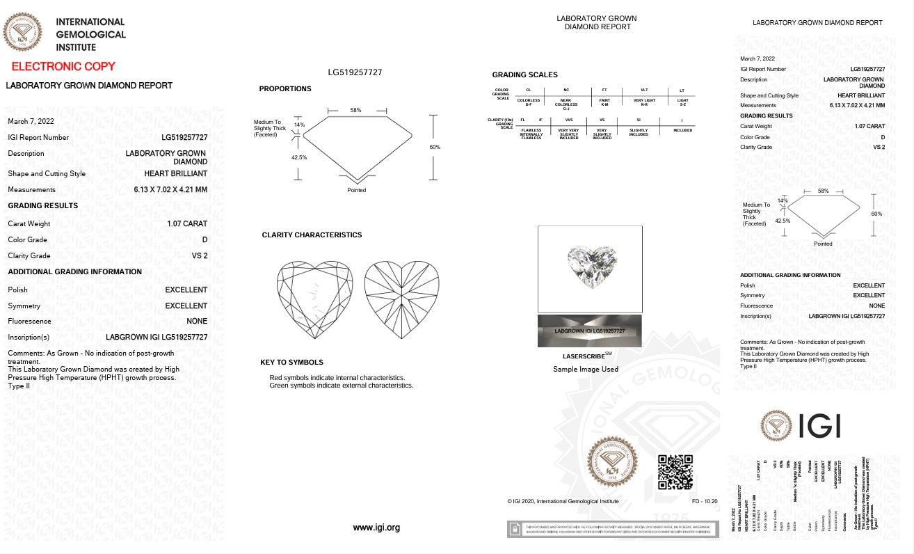 1.07CT VS2 D 519257727 Heart Cut Lab Grown Diamond