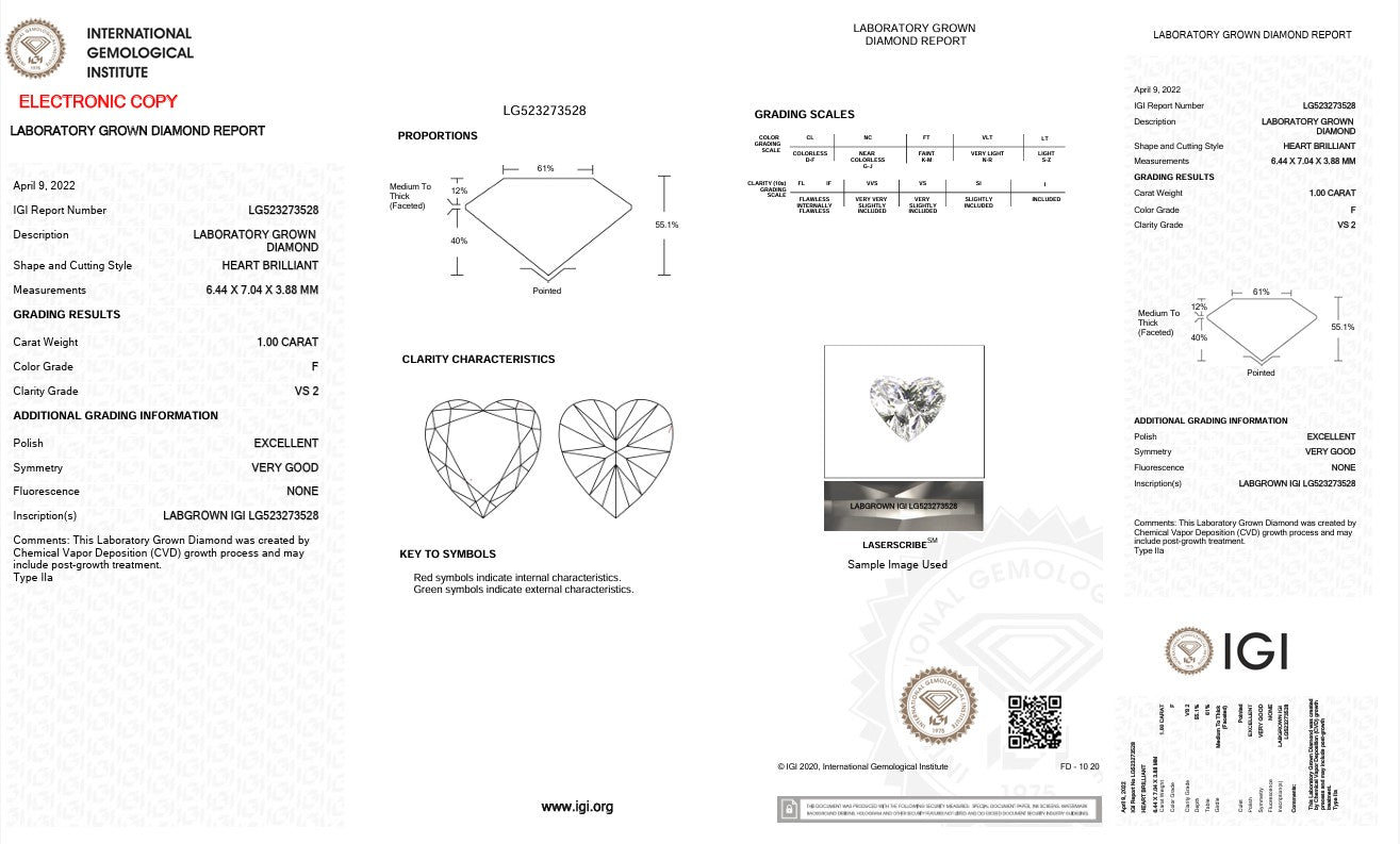 1.0CT VS2 F 523273528 Heart Cut Lab Grown Diamond