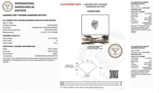 0.31ct VS2 E 523274936 Pear Cut Lab Grown Diamond