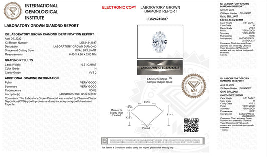 0.51ct VVS2 H 524242837 Oval Cut Lab Grown Diamond