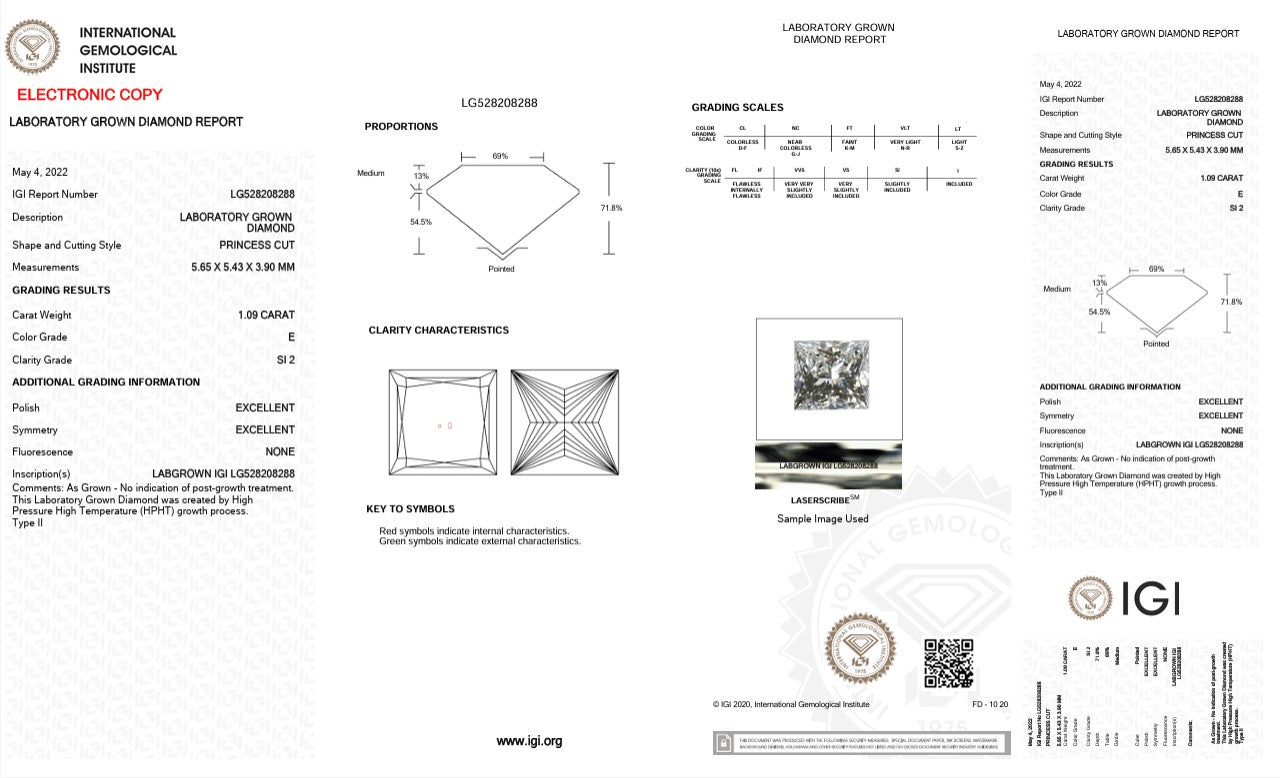 1.09CT SI2 E 528208288 Princess Cut Lab Grown Diamond