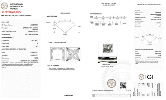 1.09CT SI2 E 528208288 Princess Cut Lab Grown Diamond