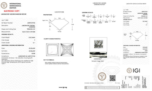 1CT SI1 F 537215106 Princess Cut Lab Grown Diamond