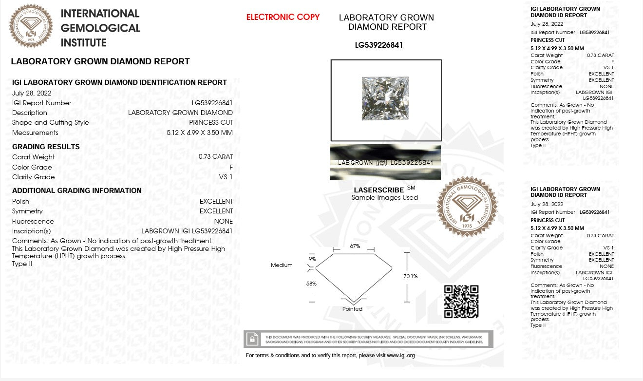 0.73CT VS1 F 539226841 Princess Cut Lab Grown Diamond
