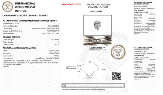 0.30CT VS1 F 547237393 Pear Cut Lab Grown Diamond