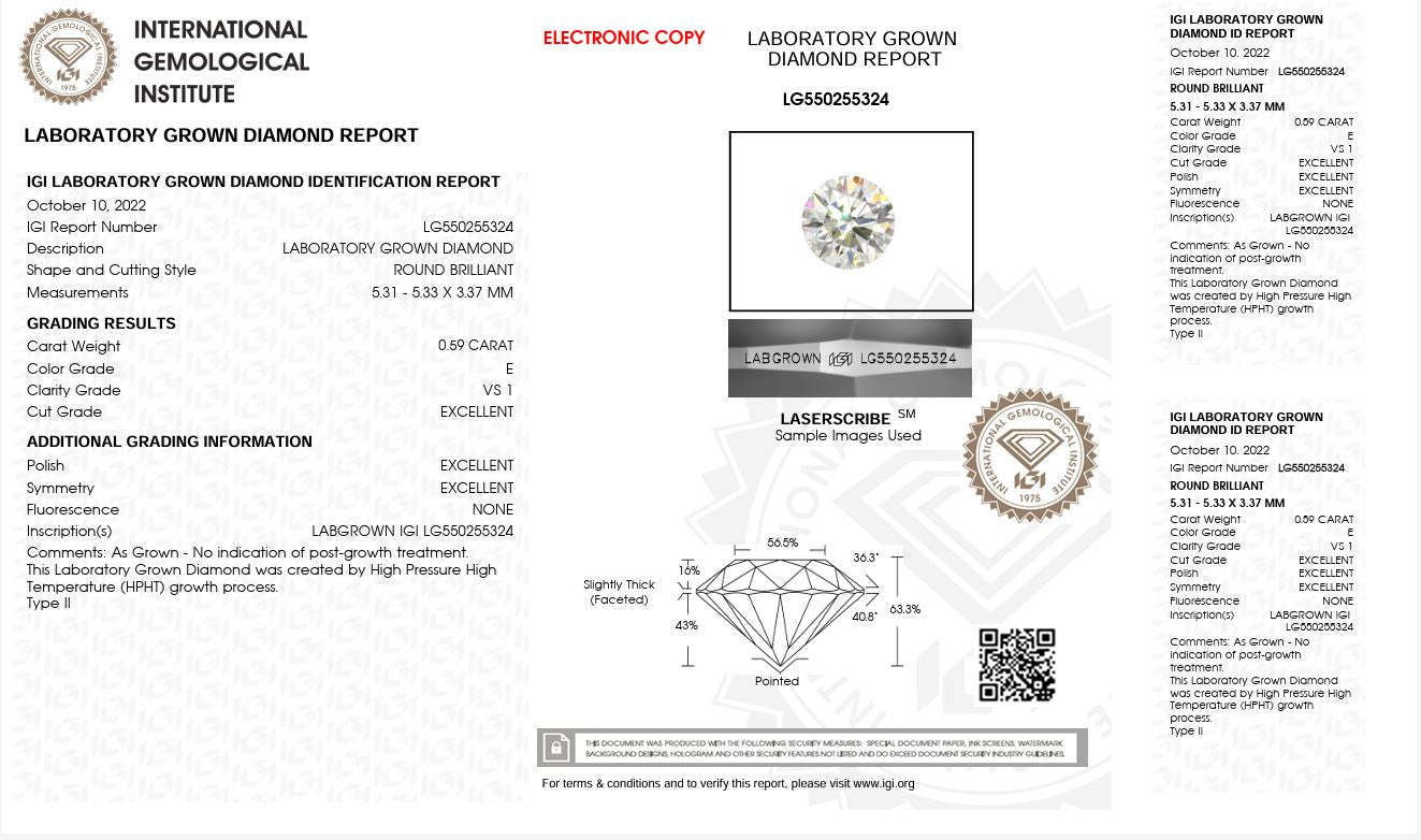 0.59CT VS1 E 550255324 Round Cut Lab Grown Diamond