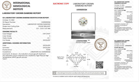 0.59CT VS1 E 550255324 Round Cut Lab Grown Diamond
