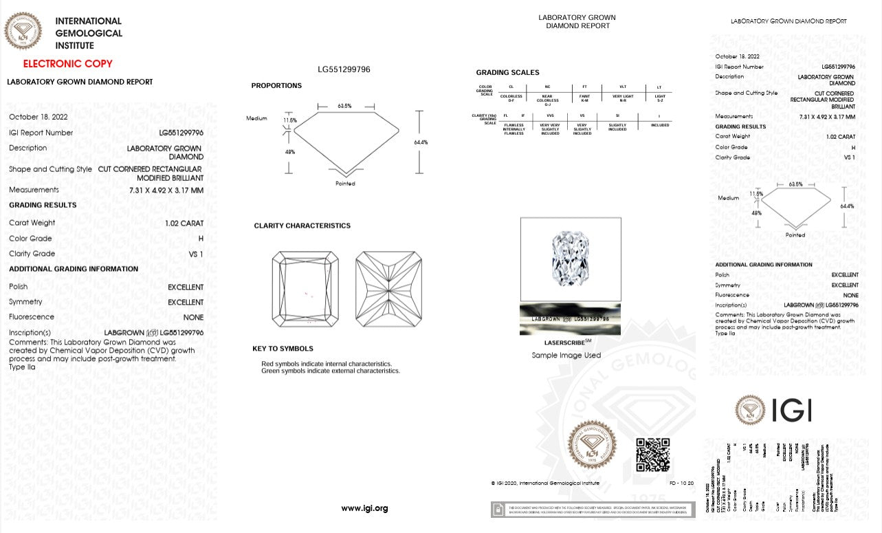 1.02CT VS1 H 551299796 Radiant Cut Lab Grown Diamond
