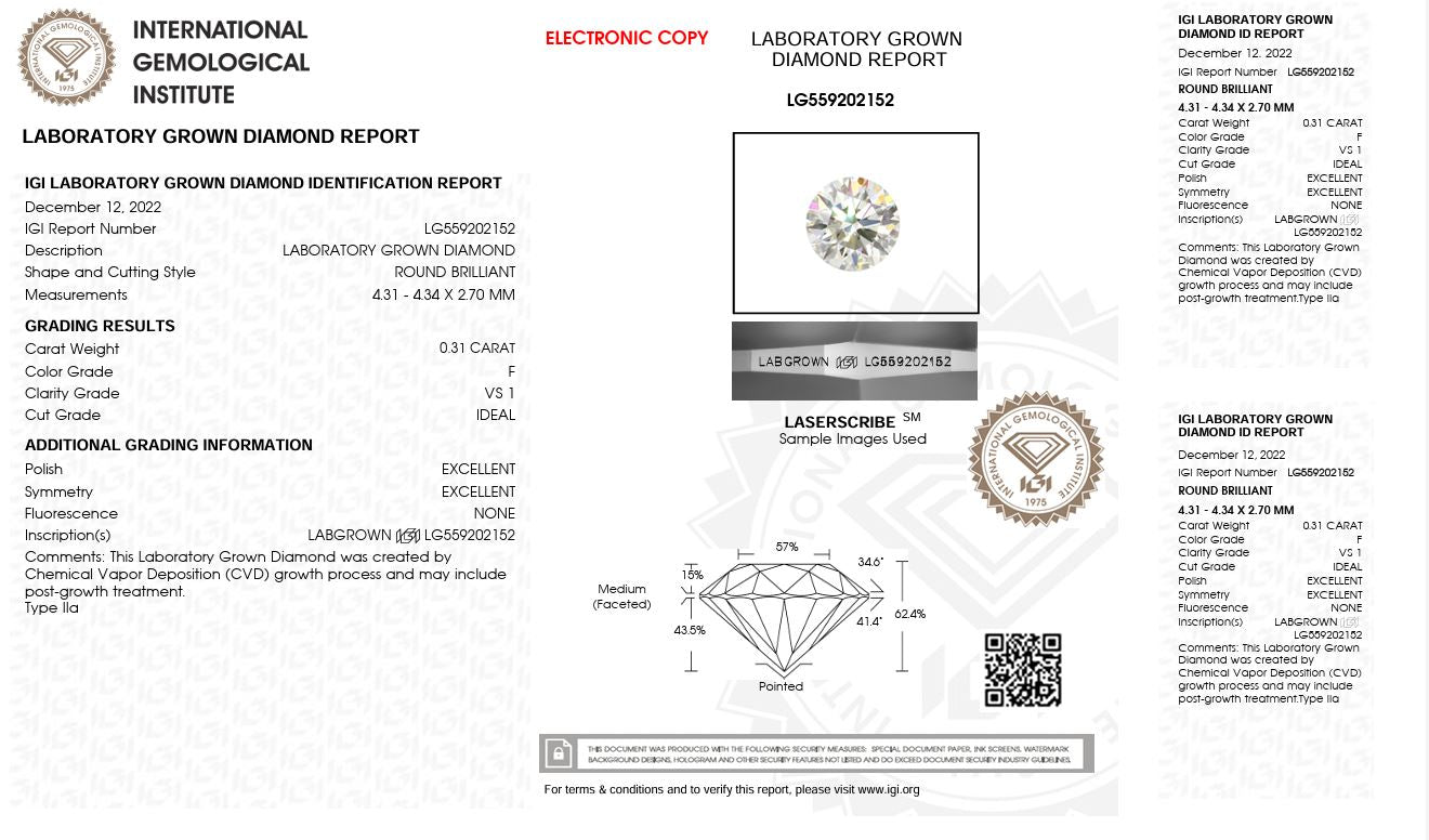 0.31CT VS1 F 559202152 Round Cut Lab Grown Diamond