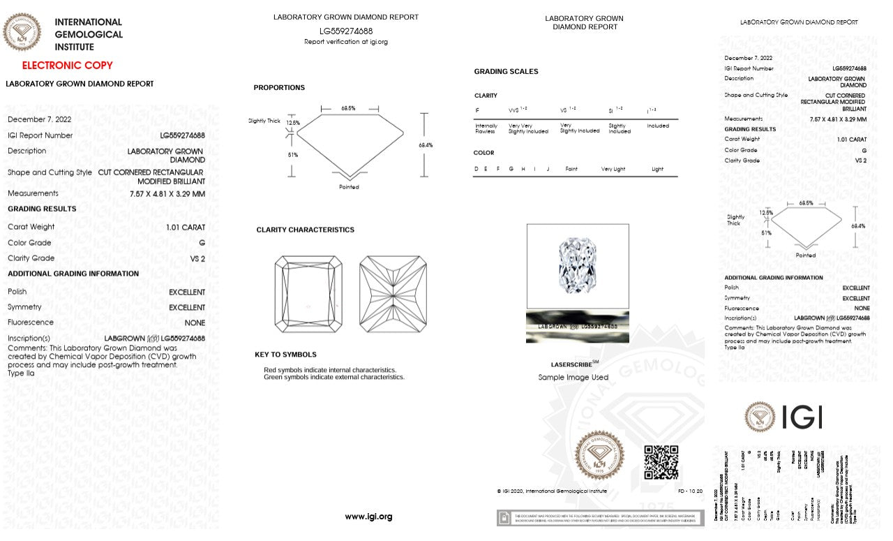 1.01CT VS2 G 559274688 Radiant Cut Lab Grown Diamond