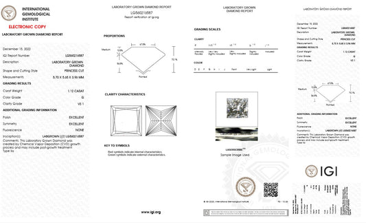 1.12CT VS1 G 560216587 Princess Cut Lab Grown Diamond