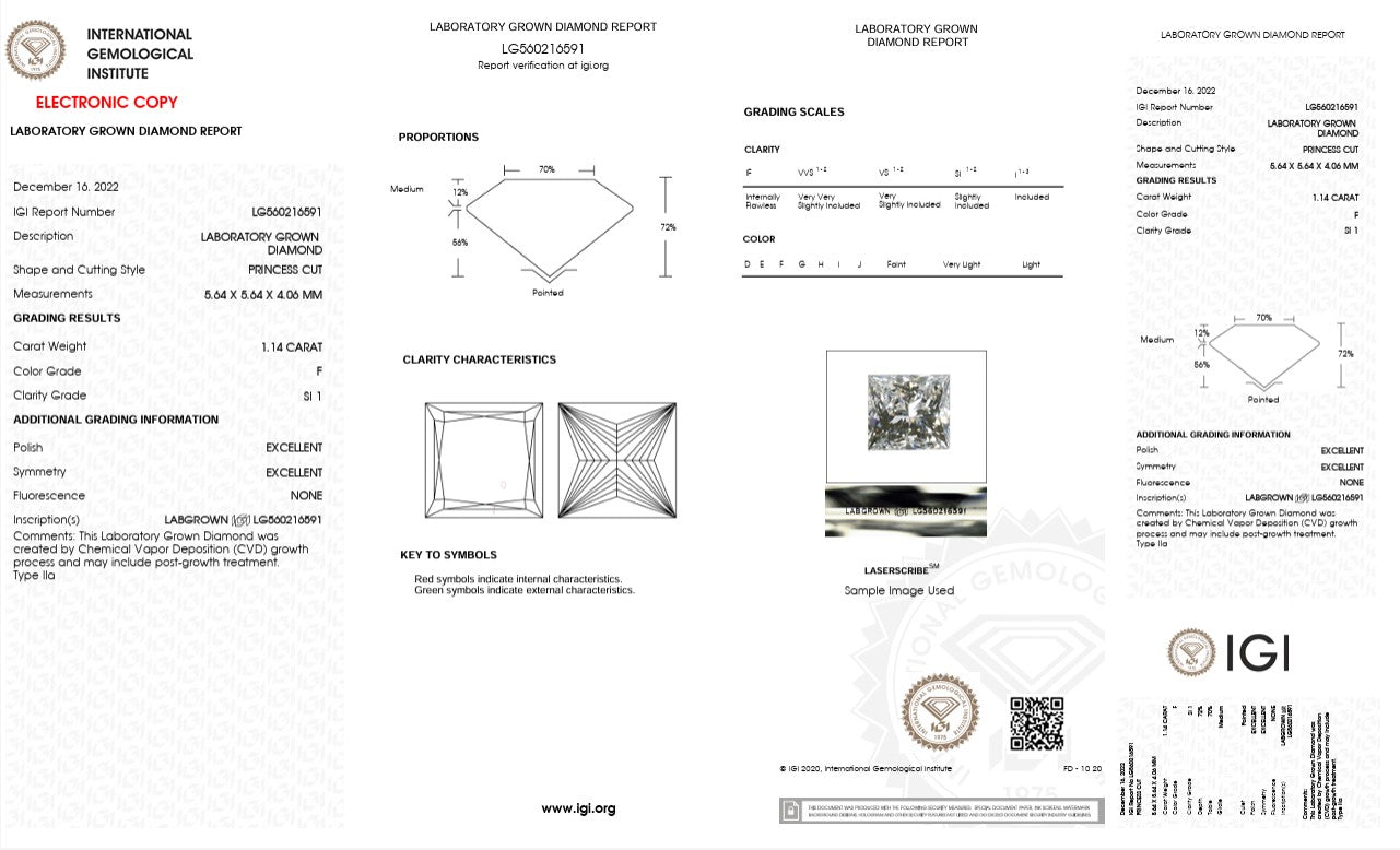 1.14CT SI1 F 560216591 Princess Cut Lab Grown Diamond